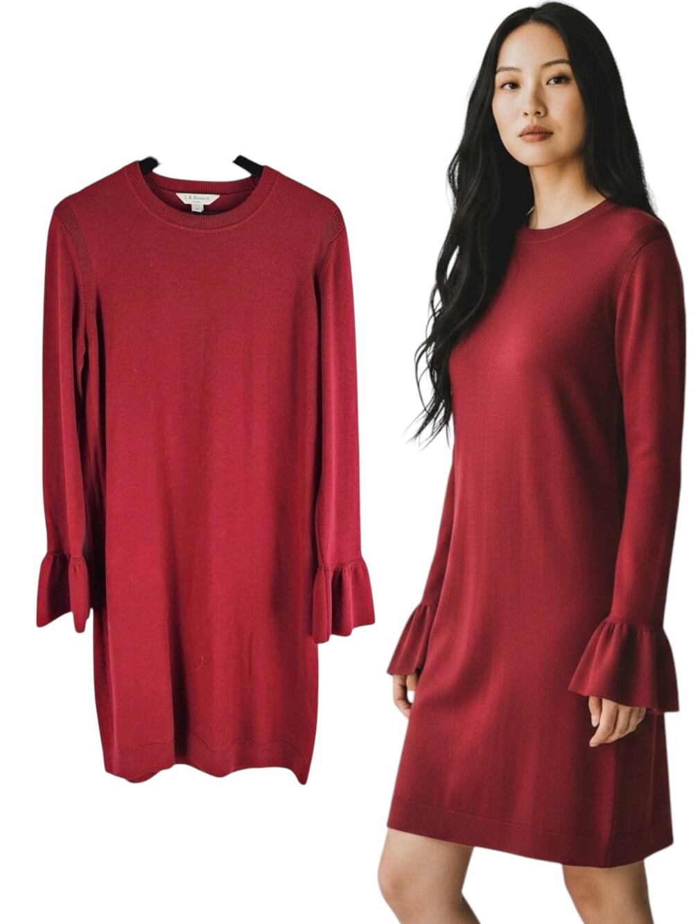 L.K. Bennett 100% Wool Bell Sleeve Sweater Dress Knee Lenght Red Size M